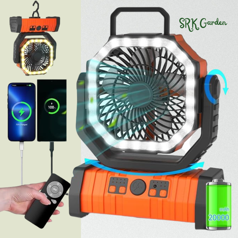 Camping Battery Operated Powered Fan with LED Lantern Light 20000mAh Rechargeable Portable Oscillating Fan with 360° Rotation