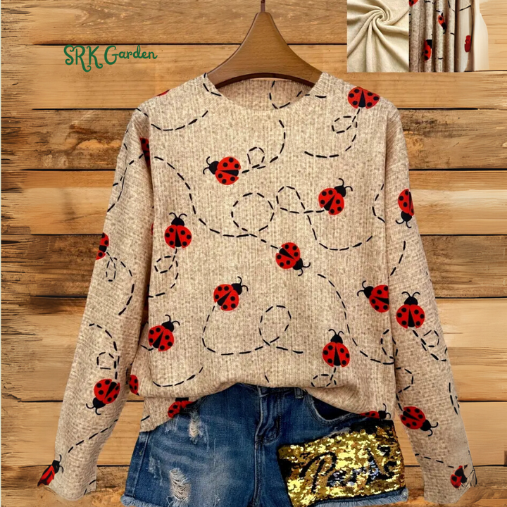 Women'S Casual Crew Neck Long Sleeve Sweater with 3D Ladybug Print, 60% Polyester 40% Spandex Knit Fabric