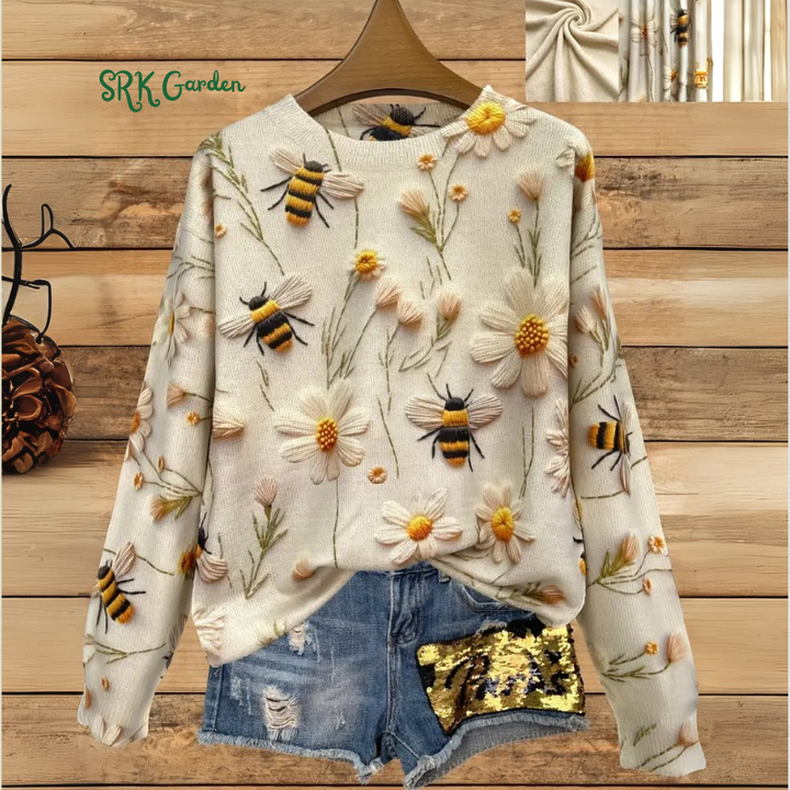 Floral ＆ Bee Pattern Crew Neck Sweater, Casual Long Sleeve Sweater For Fall & Winter