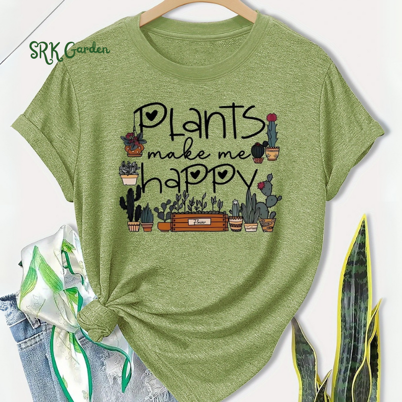 Short Sleeve T-Shirt - "Plants Make Me Happy" Cactus & Letter Print