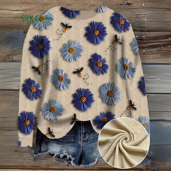 Three-Dimensional Floral Sweater for Women, Trendy Winter Outfit, Versatile Round-Neck Knitted Top.