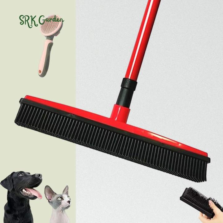Petibo Pet Fur Removal Broom, 2 in 1 Silicone Broom for Carpet Pet Hair, Adjustable Handle Carpet Rake for Pet Hair Removal (Yellow with Bonus Brush)