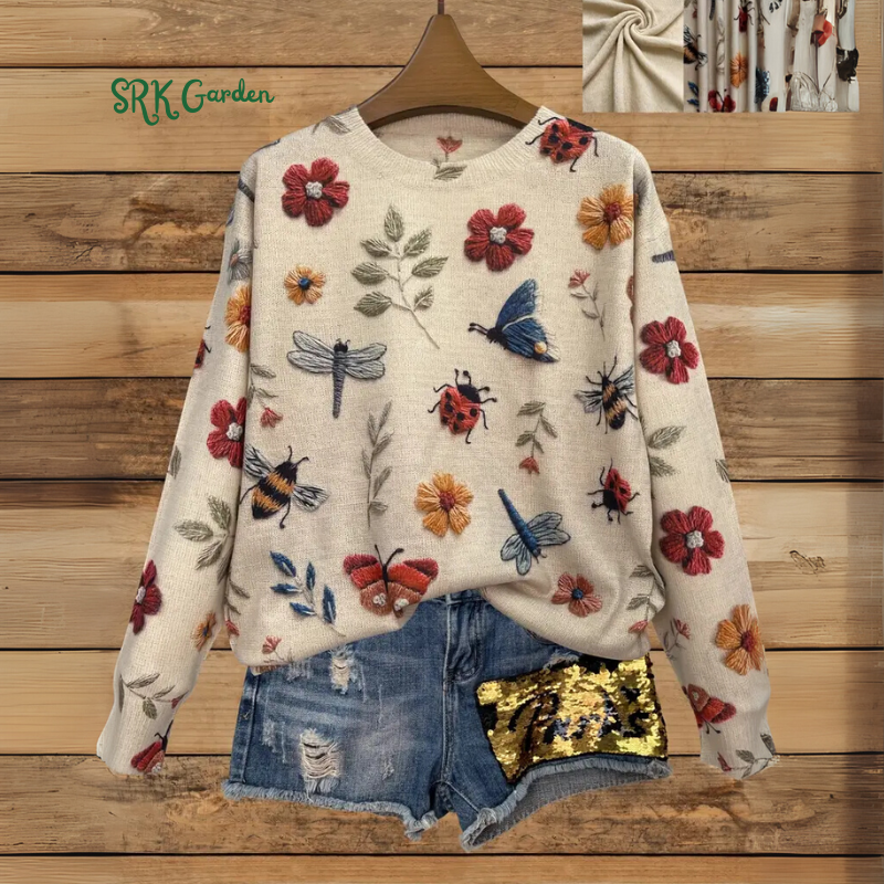 Women's Lightweight All-Over Print Sweater - 3D Insect & Floral Design