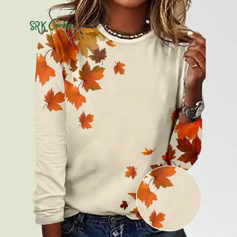 Women's Casual Long Sleeve Round Neck Top with Vibrant Autumn Maple Leaf Print