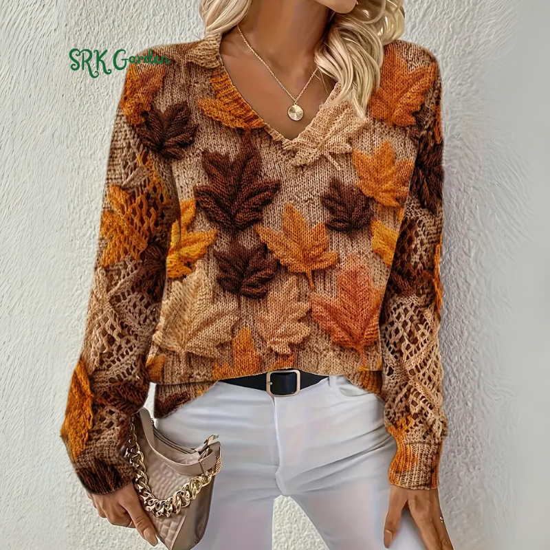 Bohemian-style, versatile long-sleeve V-neck Women's sweater with maple leaf digital print