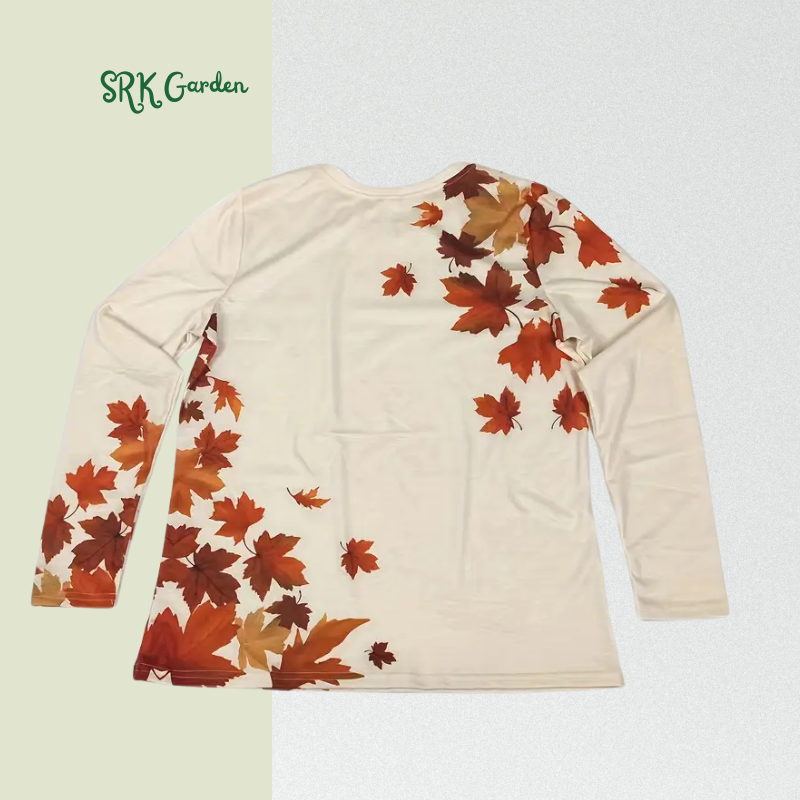 Women's Casual Long Sleeve Round Neck Top with Vibrant Autumn Maple Leaf Print
