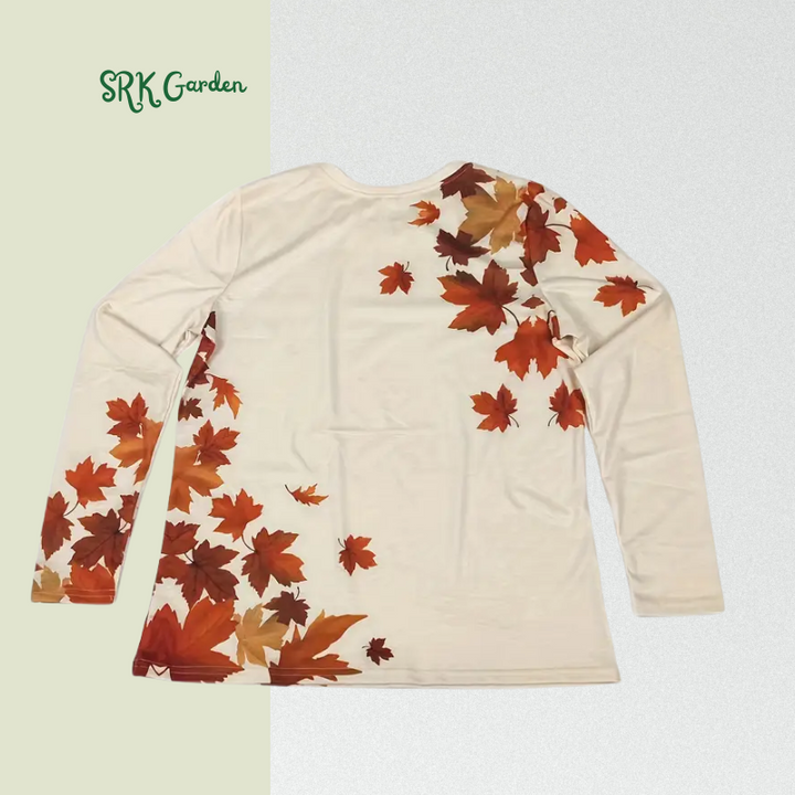 Women's Casual Long Sleeve Round Neck Top with Vibrant Autumn Maple Leaf Print