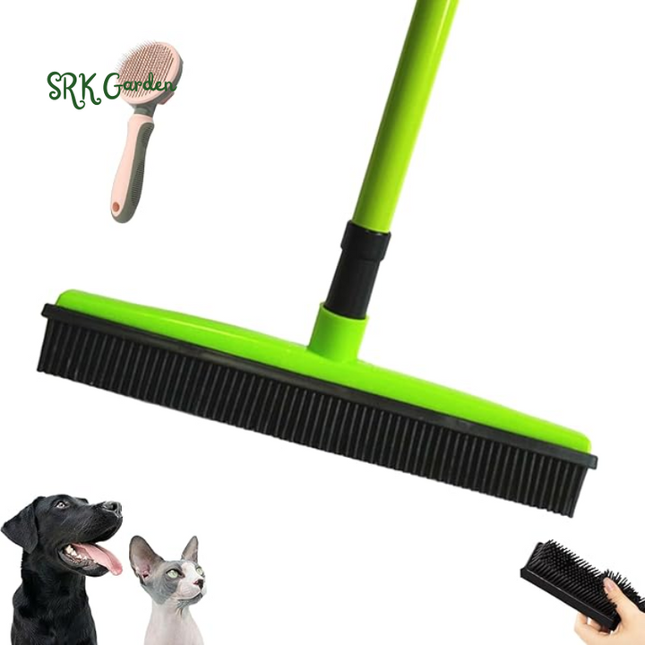 Petibo Pet Fur Removal Broom, 2 in 1 Silicone Broom for Carpet Pet Hair, Adjustable Handle Carpet Rake for Pet Hair Removal (Yellow with Bonus Brush)
