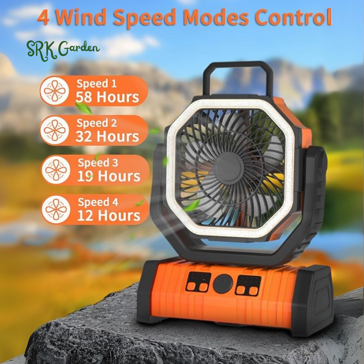 Camping Battery Operated Powered Fan with LED Lantern Light 20000mAh Rechargeable Portable Oscillating Fan with 360° Rotation