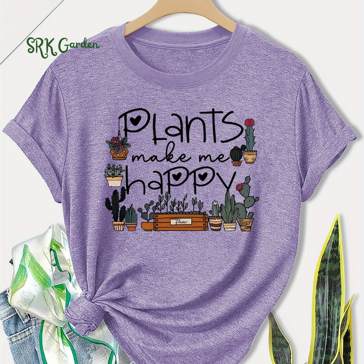 Short Sleeve T-Shirt - "Plants Make Me Happy" Cactus & Letter Print