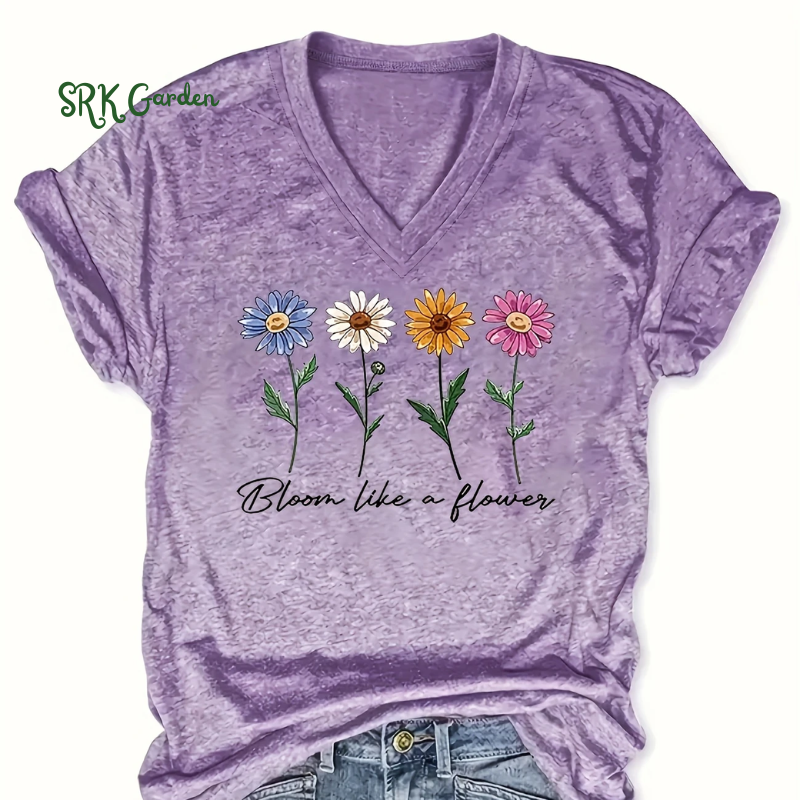 V Neck T-Shirt, Casual Short Sleeve Top For Spring & Summer, Women's Clothing