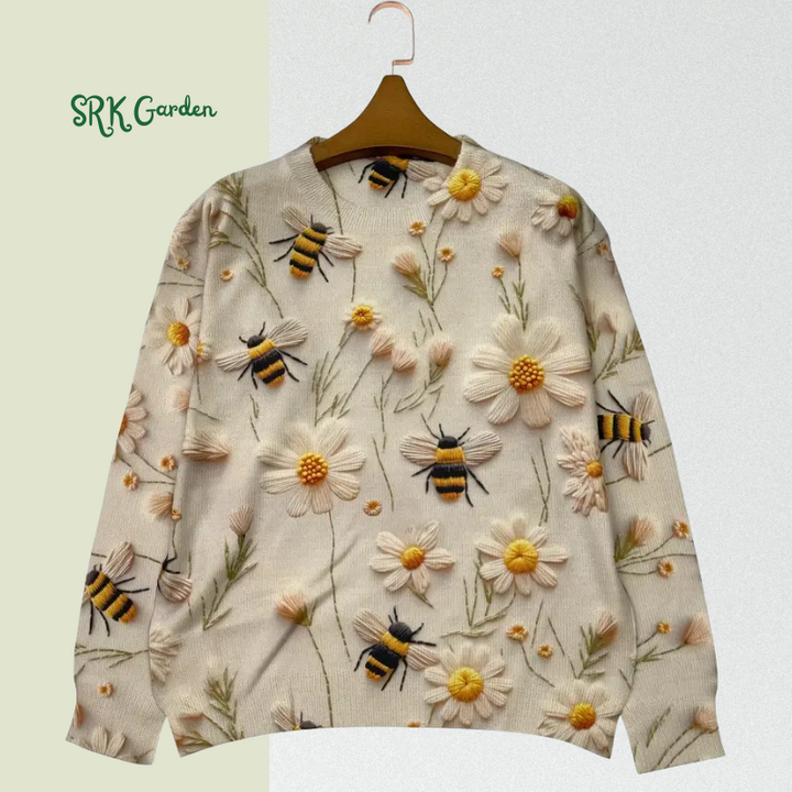 Floral ＆ Bee Pattern Crew Neck Sweater, Casual Long Sleeve Sweater For Fall & Winter