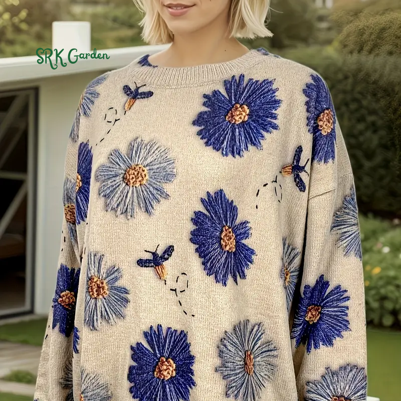 Three-Dimensional Floral Sweater for Women, Trendy Winter Outfit, Versatile Round-Neck Knitted Top.