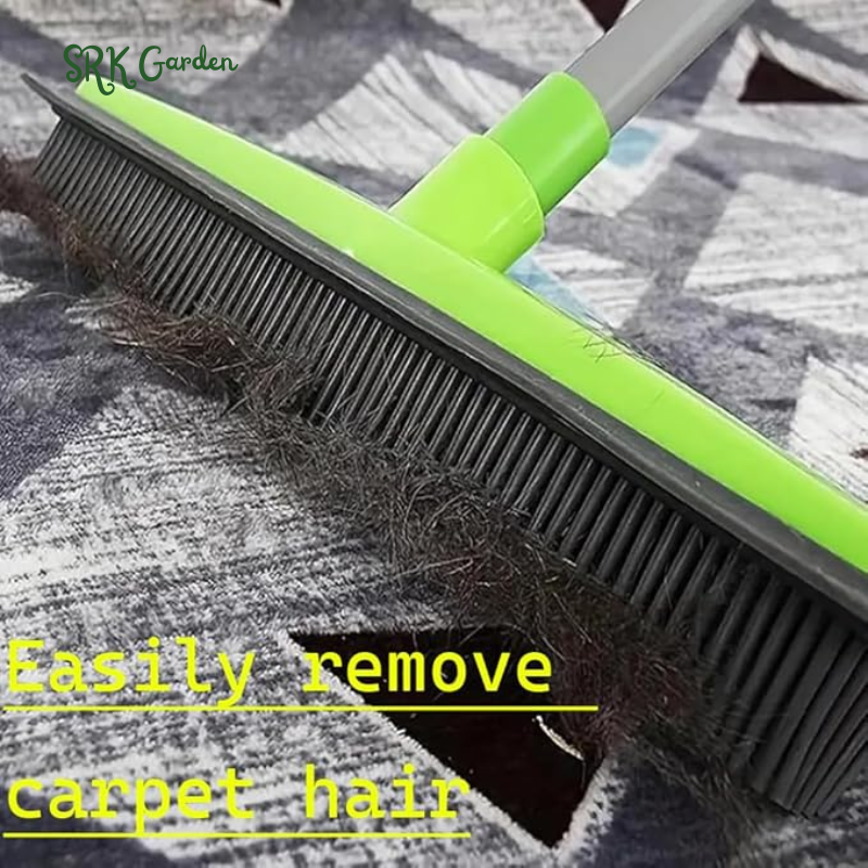 Petibo Pet Fur Removal Broom, 2 in 1 Silicone Broom for Carpet Pet Hair, Adjustable Handle Carpet Rake for Pet Hair Removal (Yellow with Bonus Brush)