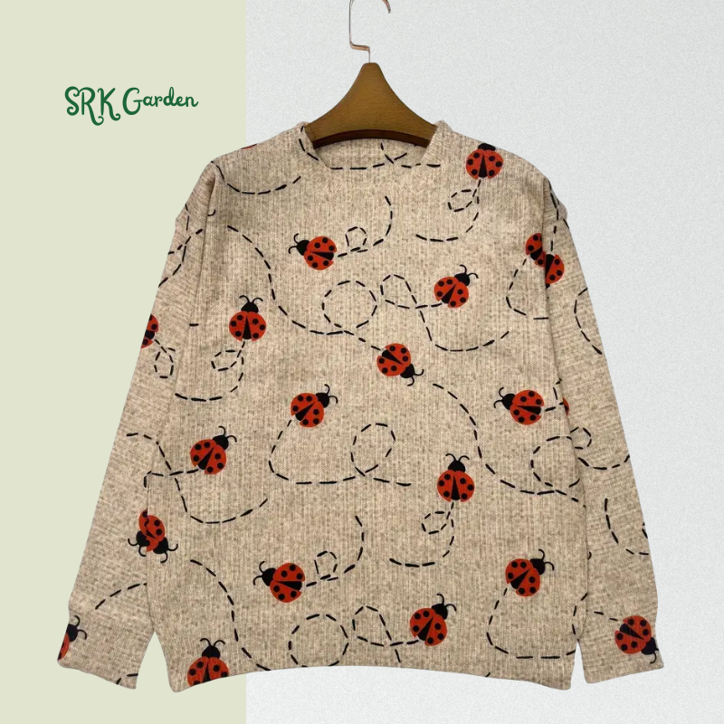 Women'S Casual Crew Neck Long Sleeve Sweater with 3D Ladybug Print, 60% Polyester 40% Spandex Knit Fabric