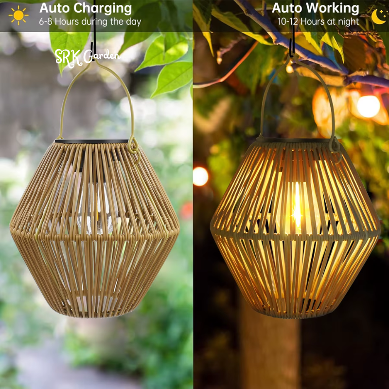 Boho Solar Rattan Lantern Outdoor