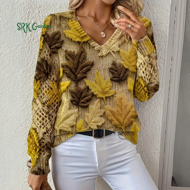 Bohemian-style, versatile long-sleeve V-neck Women's sweater with maple leaf digital print