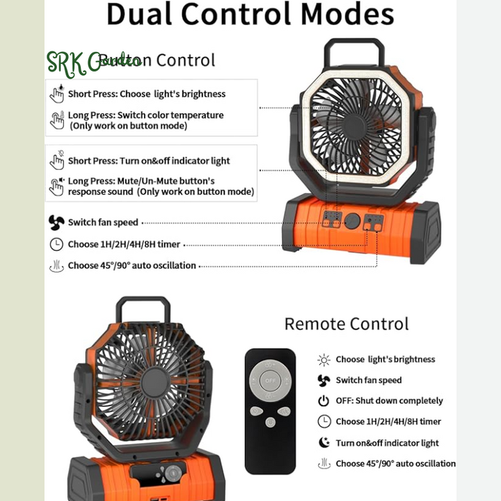 Camping Battery Operated Powered Fan with LED Lantern Light 20000mAh Rechargeable Portable Oscillating Fan with 360° Rotation