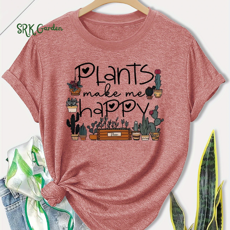 Short Sleeve T-Shirt - "Plants Make Me Happy" Cactus & Letter Print