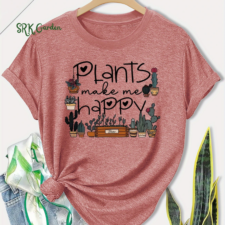 Short Sleeve T-Shirt - "Plants Make Me Happy" Cactus & Letter Print