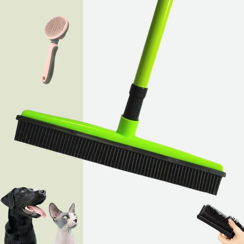 Petibo Pet Fur Removal Broom, 2 in 1 Silicone Broom for Carpet Pet Hair, Adjustable Handle Carpet Rake for Pet Hair Removal (Yellow with Bonus Brush)