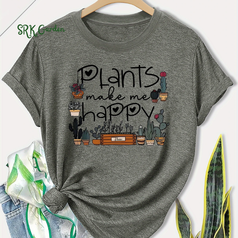 Short Sleeve T-Shirt - "Plants Make Me Happy" Cactus & Letter Print