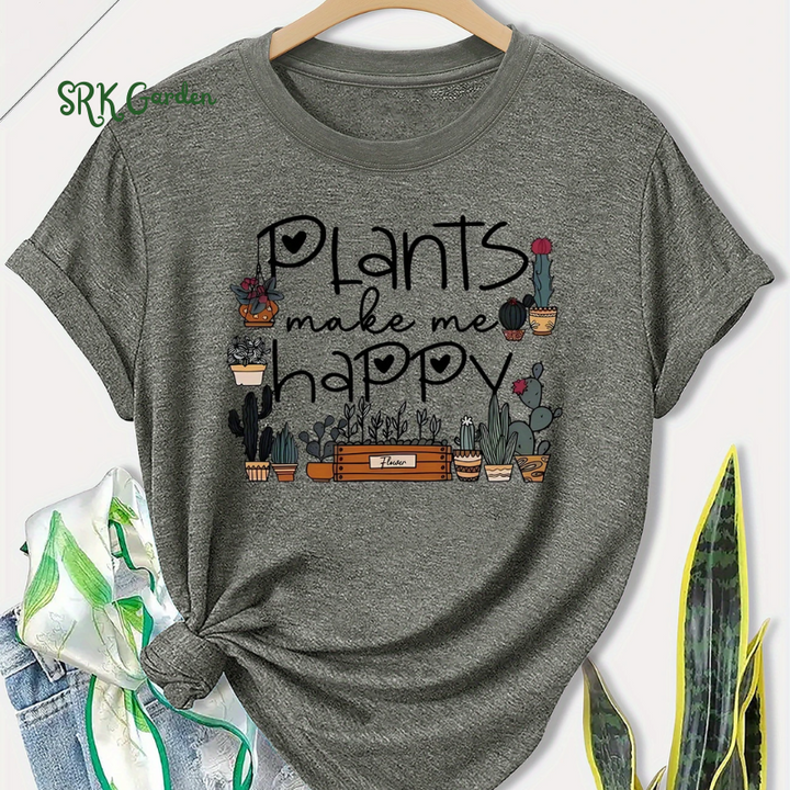 Short Sleeve T-Shirt - "Plants Make Me Happy" Cactus & Letter Print