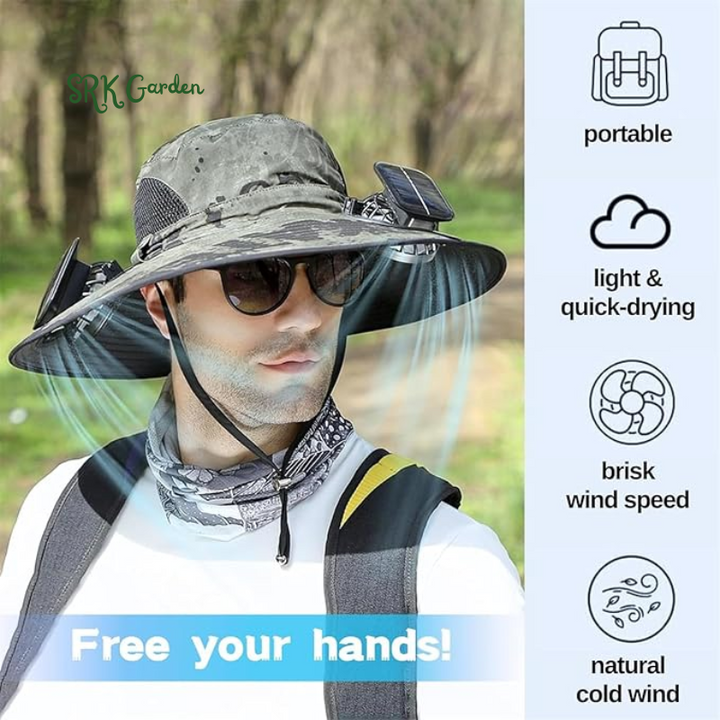 Wide Brim Sun Hats with 2 Solar Fan Waterproof Breathable Bucket Hat Outdoor Fishing Hat for Hiking Camping