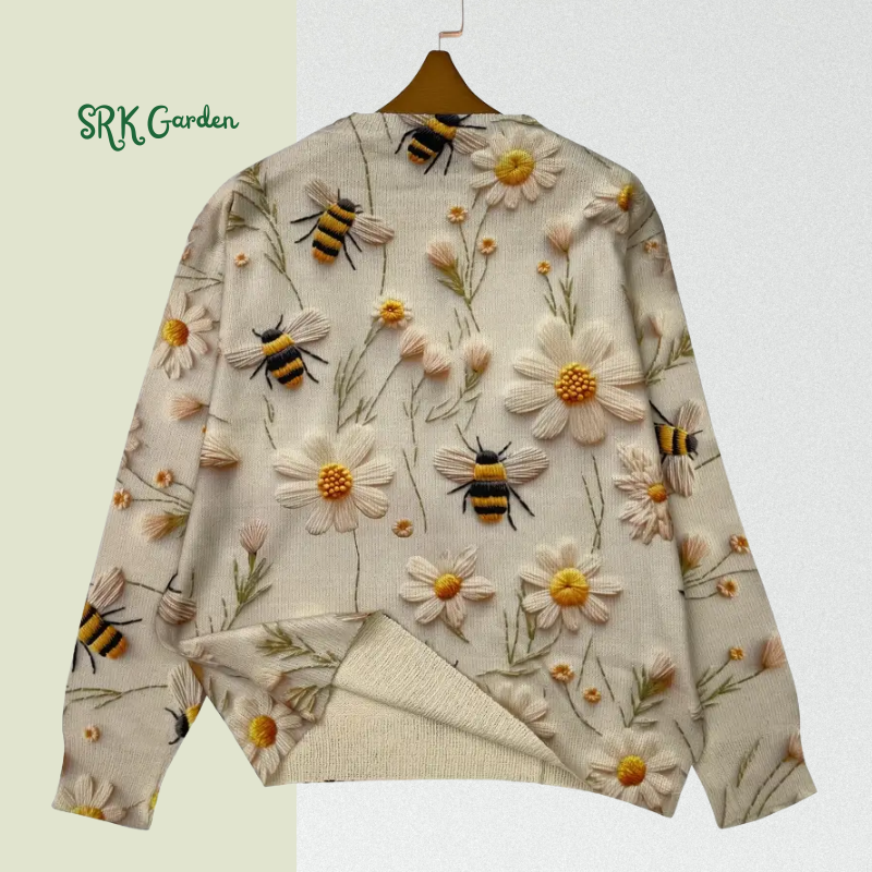Floral ＆ Bee Pattern Crew Neck Sweater, Casual Long Sleeve Sweater For Fall & Winter