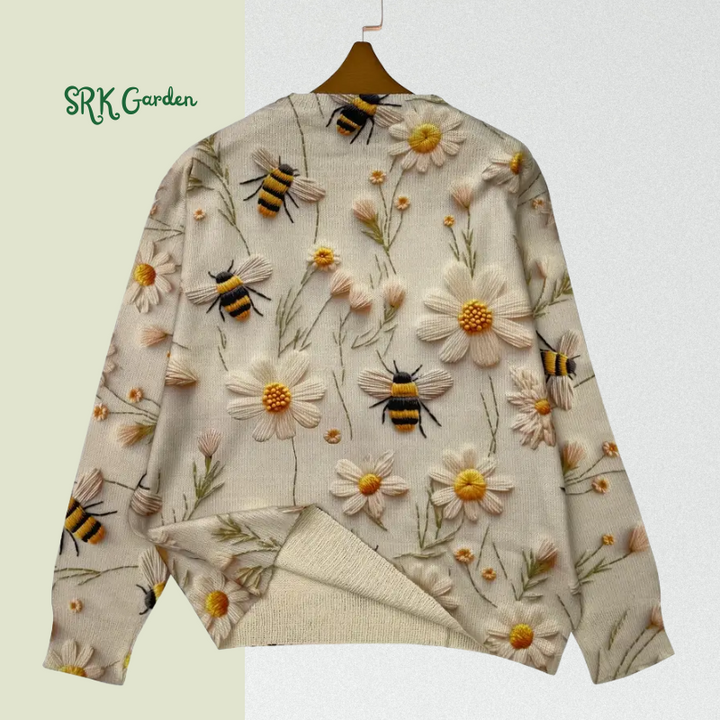 Floral ＆ Bee Pattern Crew Neck Sweater, Casual Long Sleeve Sweater For Fall & Winter
