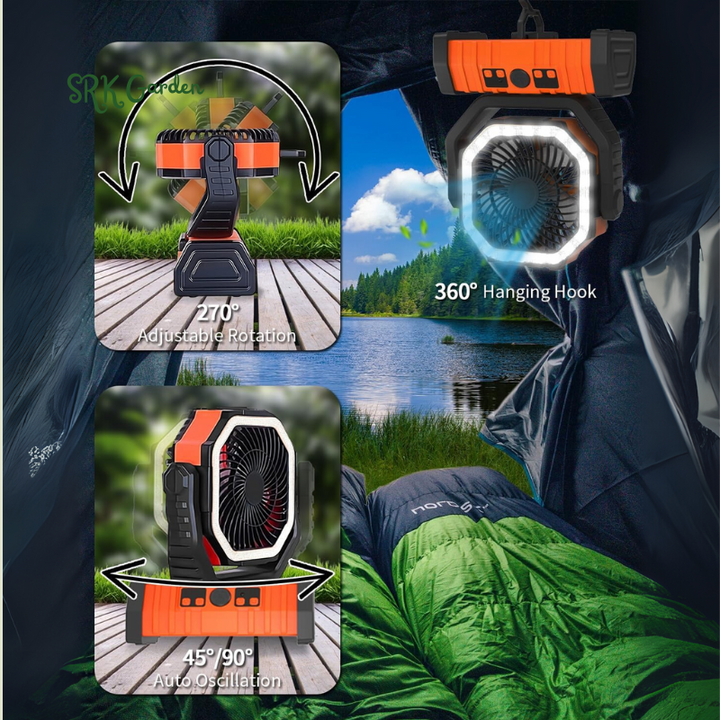 Camping Battery Operated Powered Fan with LED Lantern Light 20000mAh Rechargeable Portable Oscillating Fan with 360° Rotation