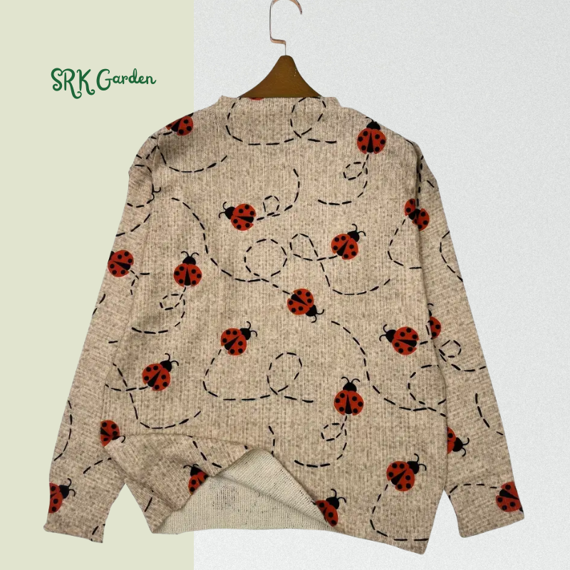 Women'S Casual Crew Neck Long Sleeve Sweater with 3D Ladybug Print, 60% Polyester 40% Spandex Knit Fabric
