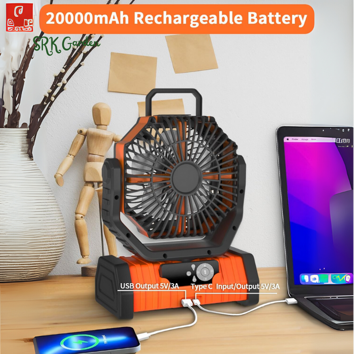 Camping Battery Operated Powered Fan with LED Lantern Light 20000mAh Rechargeable Portable Oscillating Fan with 360° Rotation