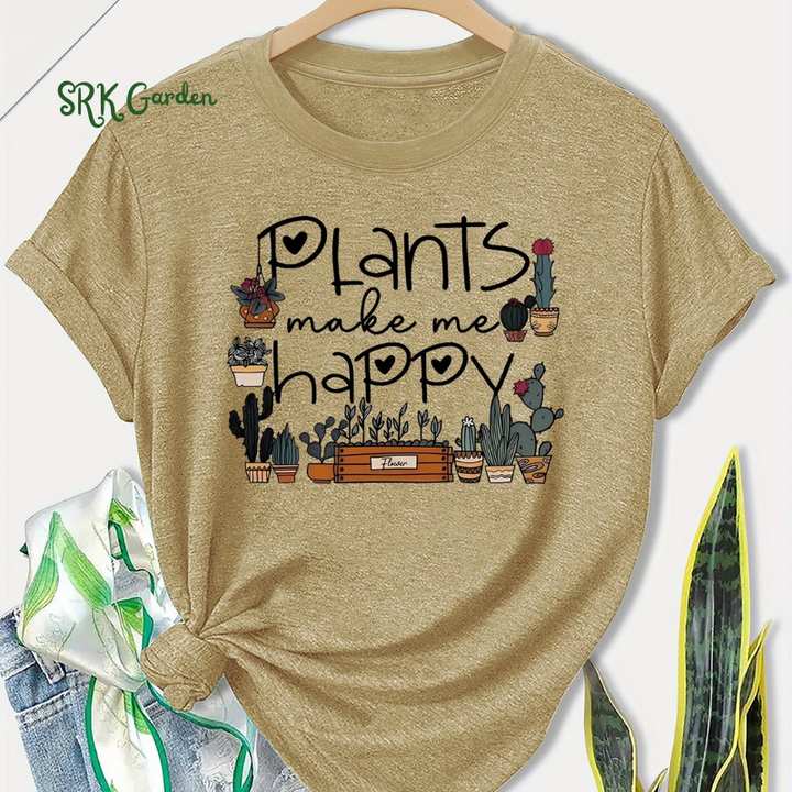 Short Sleeve T-Shirt - "Plants Make Me Happy" Cactus & Letter Print