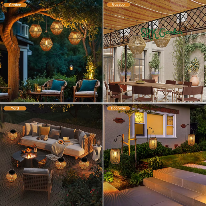 Boho Solar Rattan Lantern Outdoor