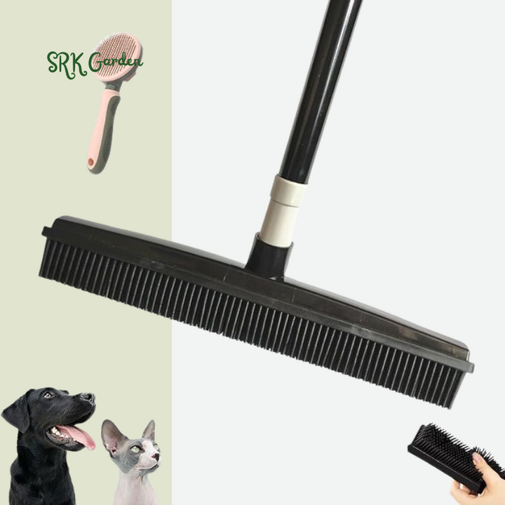 Petibo Pet Fur Removal Broom, 2 in 1 Silicone Broom for Carpet Pet Hair, Adjustable Handle Carpet Rake for Pet Hair Removal (Yellow with Bonus Brush)