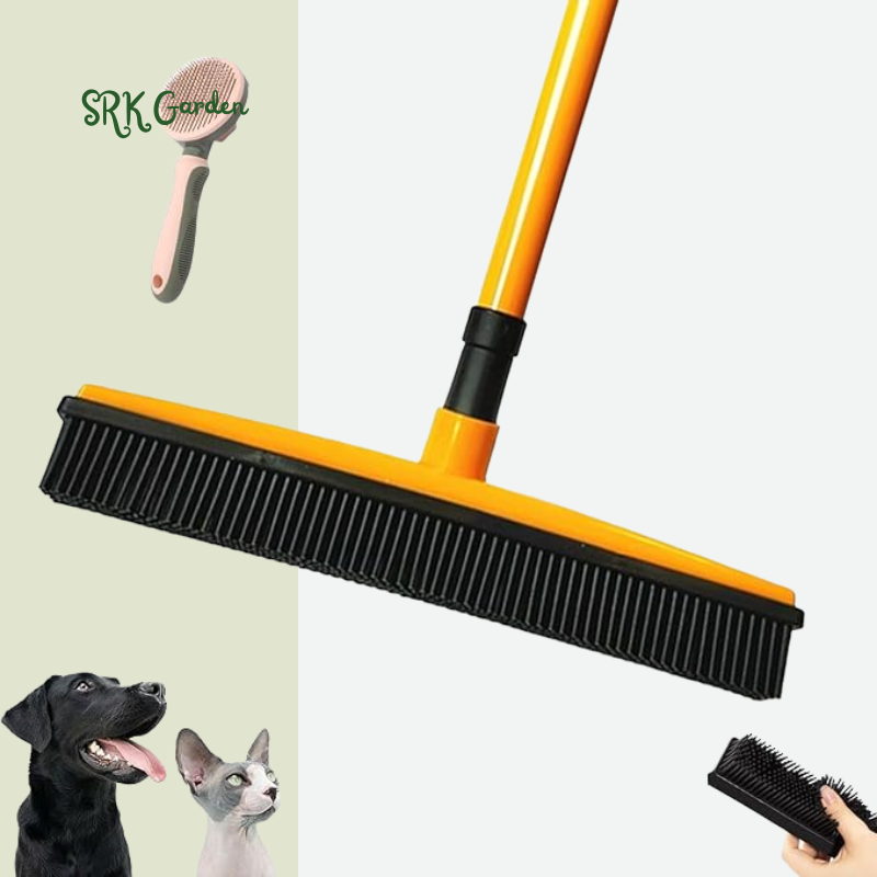 Petibo Pet Fur Removal Broom, 2 in 1 Silicone Broom for Carpet Pet Hair, Adjustable Handle Carpet Rake for Pet Hair Removal (Yellow with Bonus Brush)