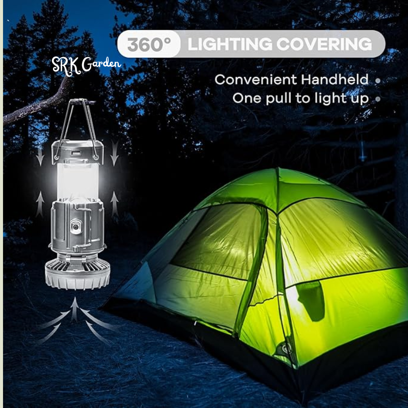 Solar Camping Lantern with Fan & Phone Charger, Portable Rechargeable Power for Hurricanes