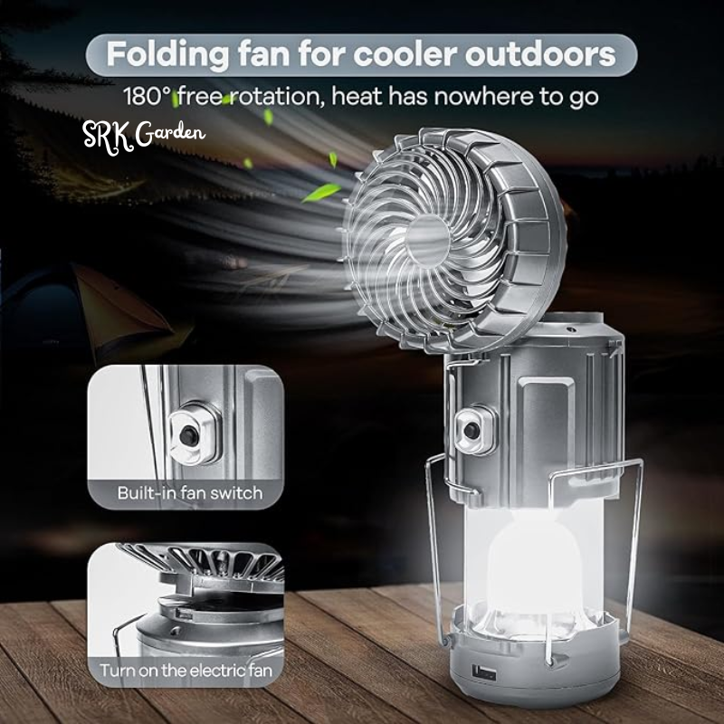 Solar Camping Lantern with Fan & Phone Charger, Portable Rechargeable Power for Hurricanes