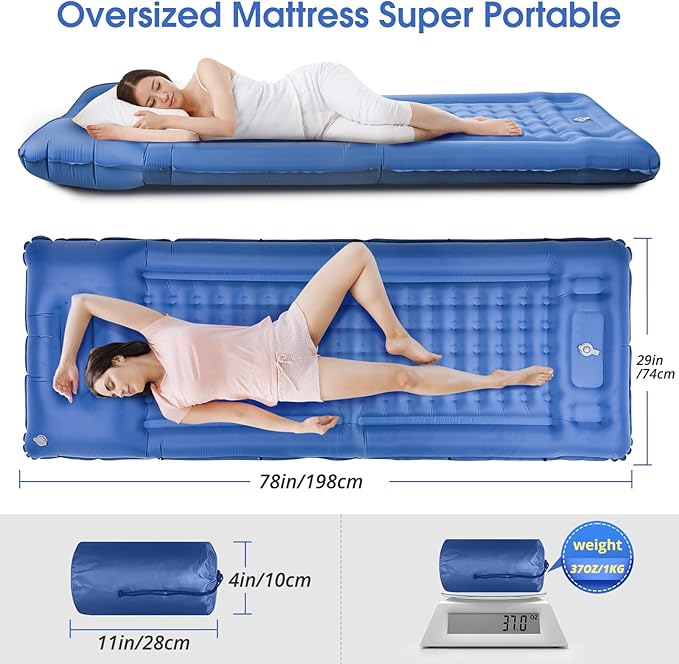 Camping Sleeping Pads，Extra Thick 5 Inch Inflatable Sleeping Mat with Pillow Built-in Pump